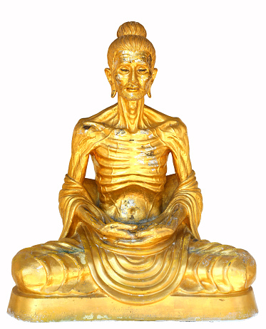 Golden Buddha statue posture skinny isolated on white background