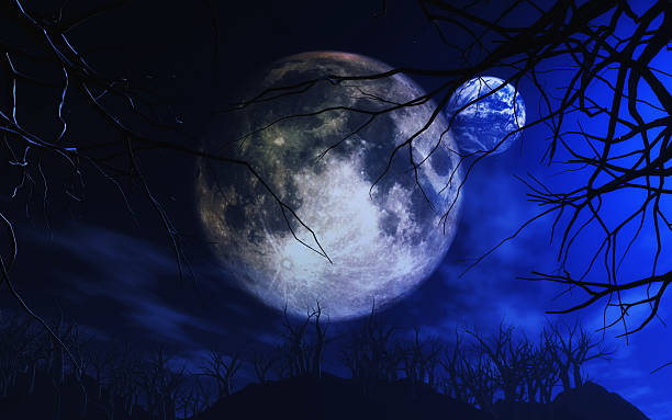 istock 3D Moon and Earth in spooky landscape 613523120