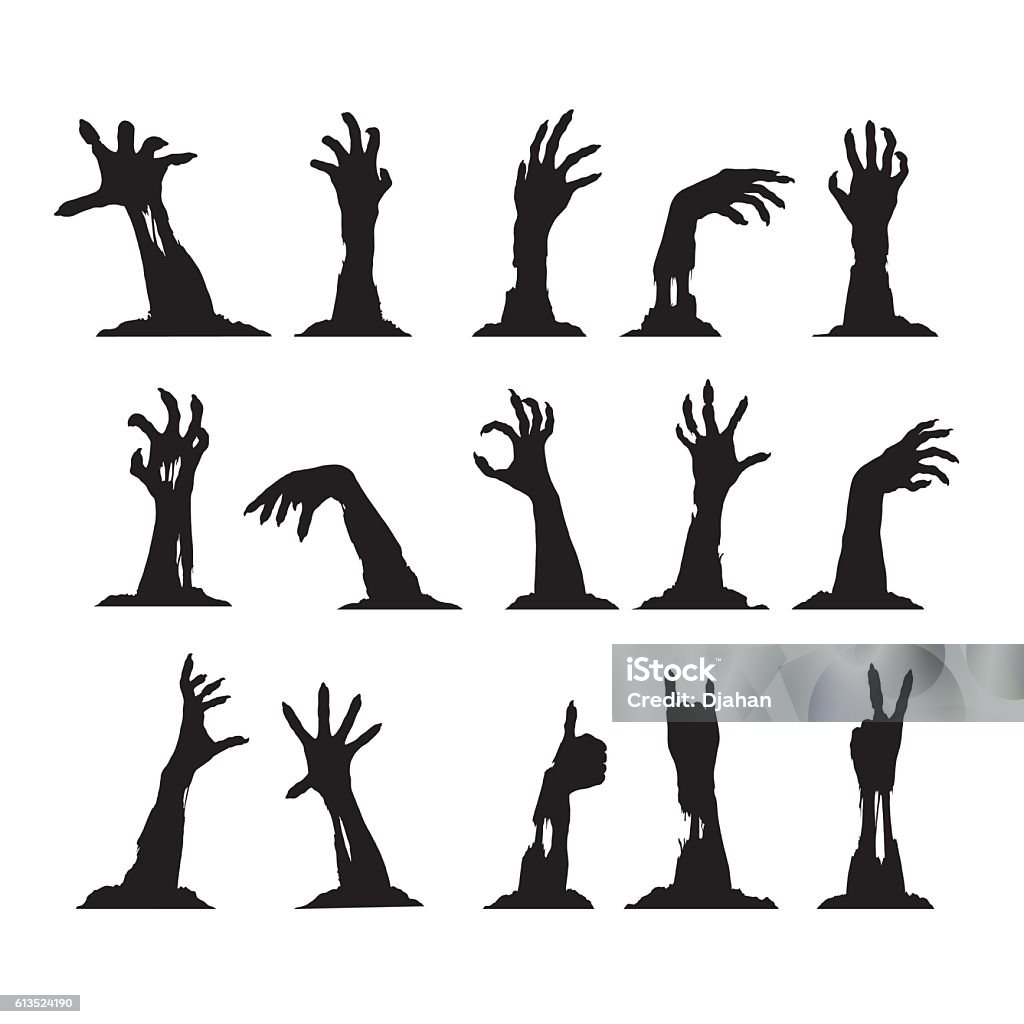 Set of Zombie Hands Set of silhouettes of zombie hands, collection for halloween themes and greetings, vector clip art. EPS 8. Zombie stock vector