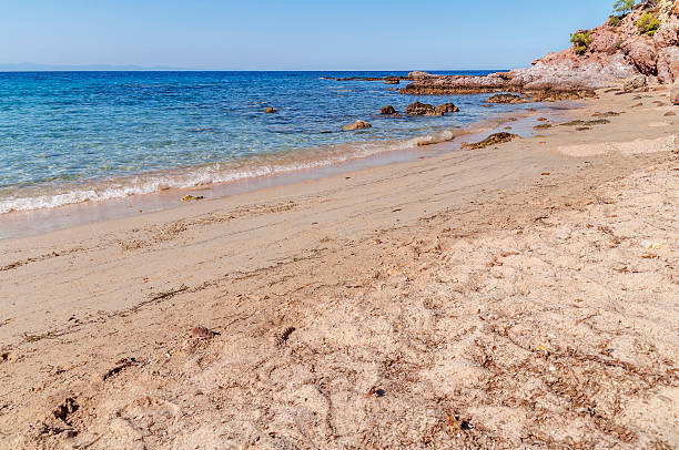 istock Big sandy beach in Greece with blue clean sky 613524486
