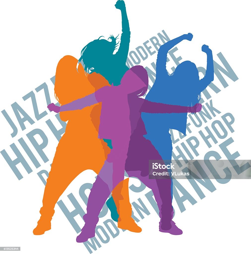 Silhouettes of girls dancing modern dance styles Silhouettes of expressive girls dancing modern dance styles. Jazz funk, hip-hop, house dance lettering. Detailed vector silhouettes. Dancing stock vector