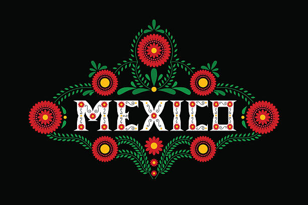 メキシコのタイポグラフィベクター。黒の背景にメキシコの花の装飾 - mexican ethnicity点のイラスト素材／クリップアート素材／マンガ素材／アイコン素材
