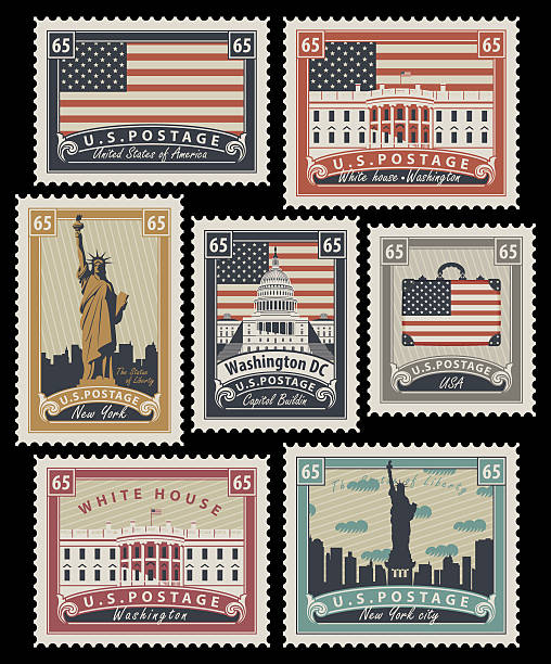 illustrazioni stock, clip art, cartoni animati e icone di tendenza di francobolli con punti di riferimento america - retro revival new york state usa north america