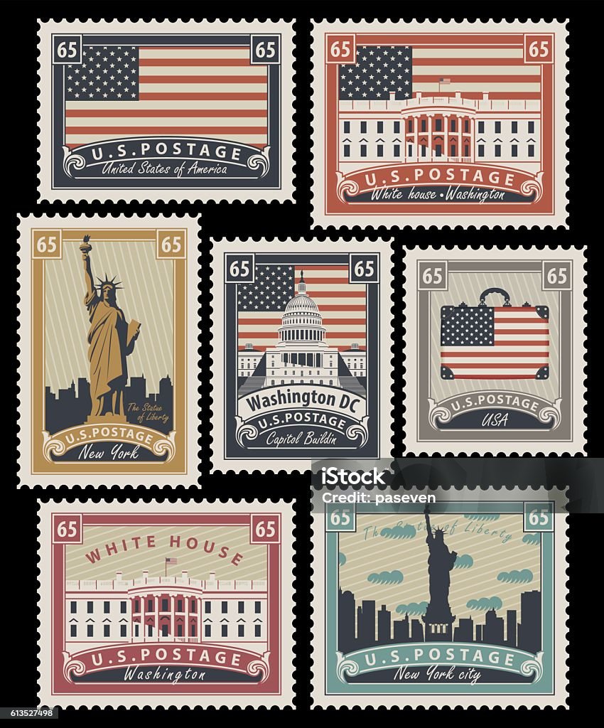 stamps with America landmarks set of Postage stamps with the image of the United States of America architectural landmarks in retro style Postage Stamp stock vector