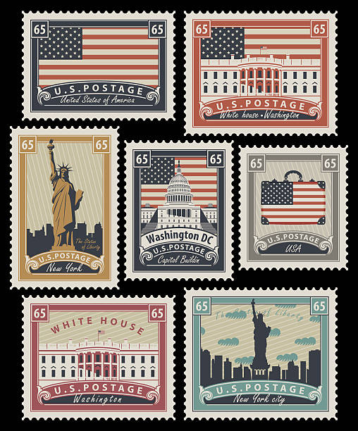stamps with America landmarks set of Postage stamps with the image of the United States of America architectural landmarks in retro style president illustrations stock illustrations