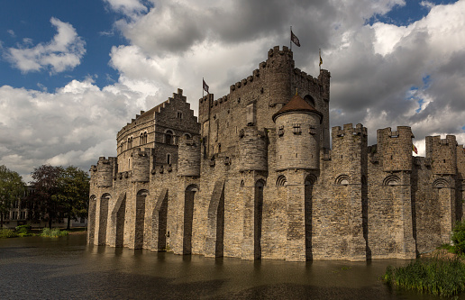 ghent, belgium - July 2, 2016: Gravensteen Preserved 10th-century moated castle with an armory museum in ghent belgium