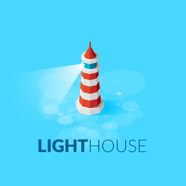 flache isometrische rote leuchtturm-symbol auf blauem meer - isometric sea coastline beach stock-grafiken, -clipart, -cartoons und -symbole