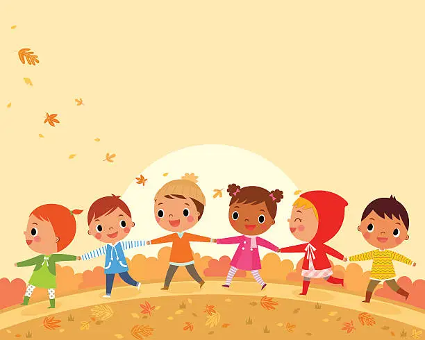 Vector illustration of children walk on a beautiful autumn day