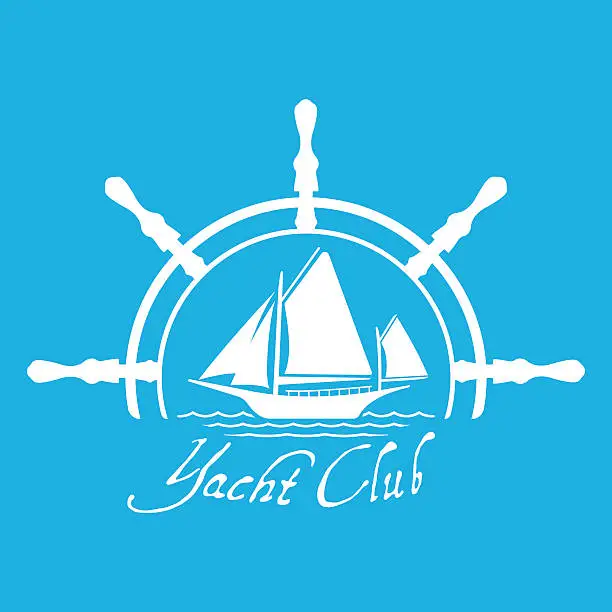 Vector illustration of Flat Yacht Club logo icon with helm. T-shirt design.