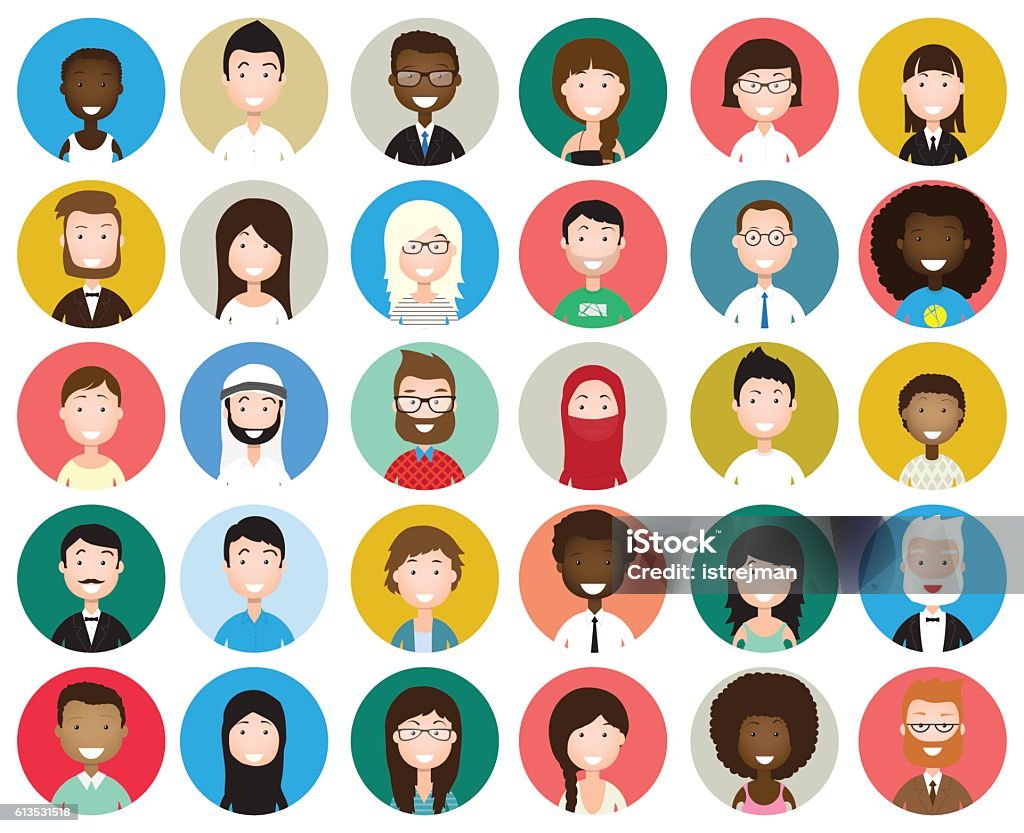 Set of diverse round avatars Set of diverse round avatars isolated on white background. Different nationalities, clothes and hair styles. Cute and simple flat cartoon style Icon Symbol stock vector