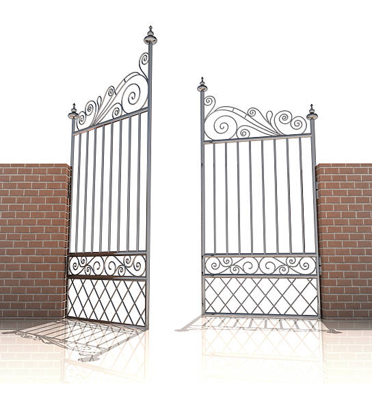 istock iron gate in strong brick wall on white background 613531764