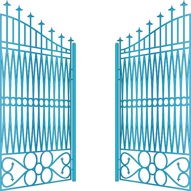 ilustraciones, imágenes clip art, dibujos animados e iconos de stock de vector abierto aislado de la cerca azul de la puerta del hierro - iron gate