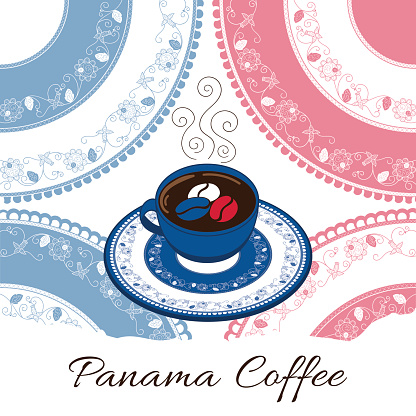 Panama coffee illustration vector. Coffee cup with floral decorated plate on lace pollera background. Print for cafe banner or flyer, label, food poster, sticker or tourist souvenir postcard design.