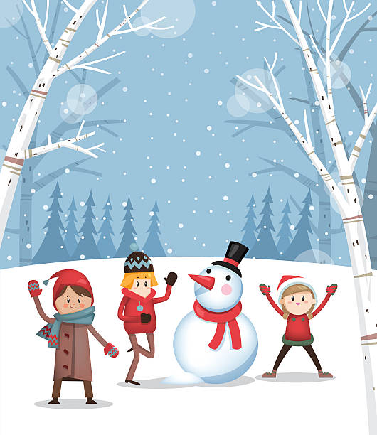 Playing with a snowman B Illustration of children playing with a snowman in a snowy night of winter.  december clipart pictures stock illustrations