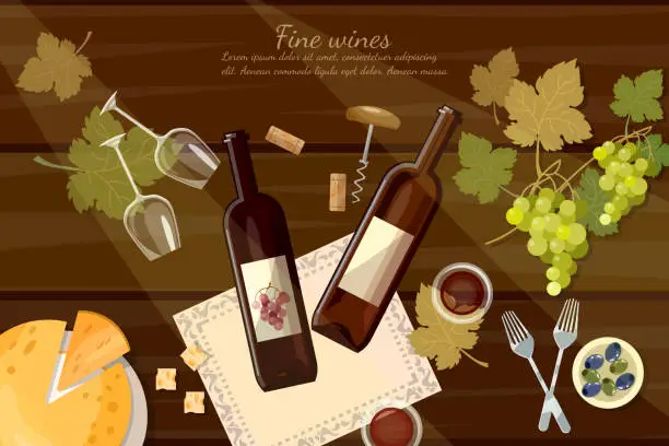 Vector illustration of Wine and cheese tasting top view