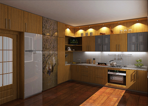 Naturalness and aesthetic minimalism interior ideas. 3d visualization of kitchen interior design.