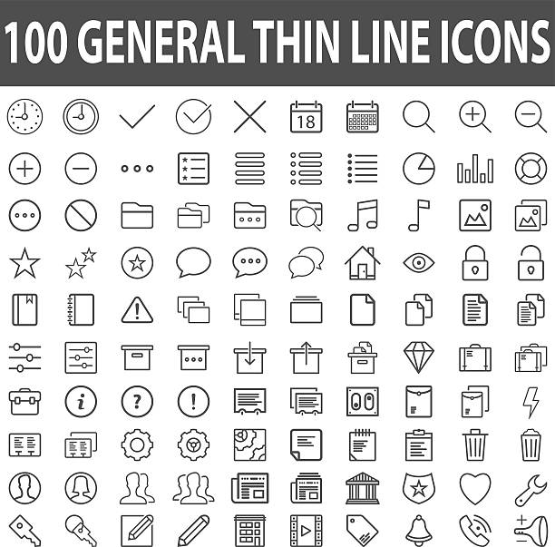 ilustraciones, imágenes clip art, dibujos animados e iconos de stock de conjunto de 100 iconos generales de trazo de línea fina ilustración vectorial - general