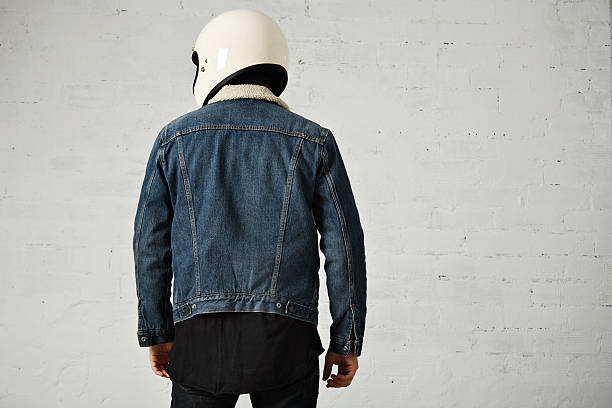 istock Attractive motor biker in blank jacket mockup set 613540196