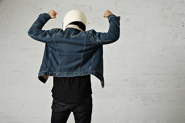 istock Attractive motor biker in blank jacket mockup set 613540320