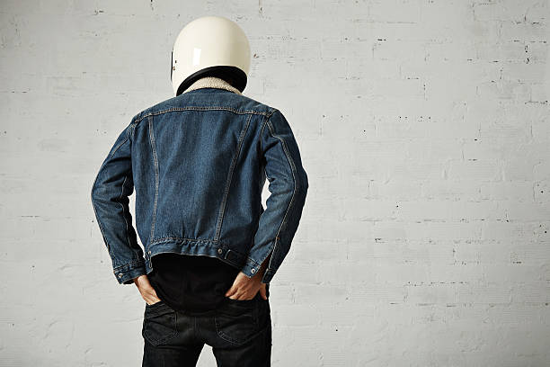 istock Attractive motor biker in blank jacket mockup set 613540514