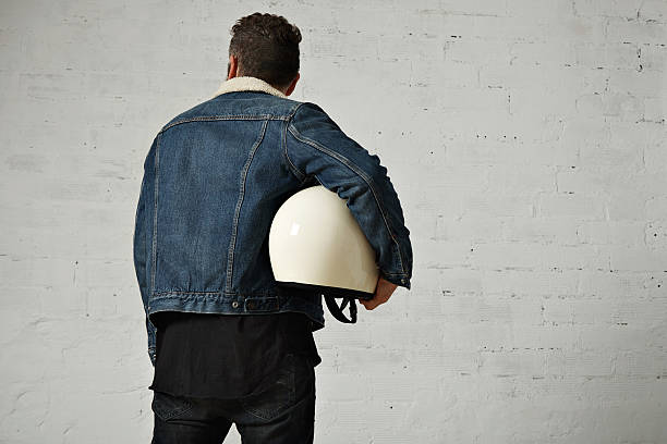 istock Attractive motor biker in blank jacket mockup set 613540622