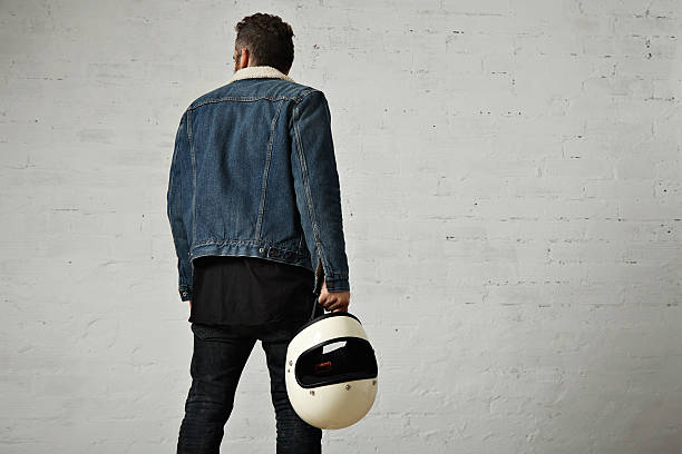 istock Attractive motor biker in blank jacket mockup set 613540726