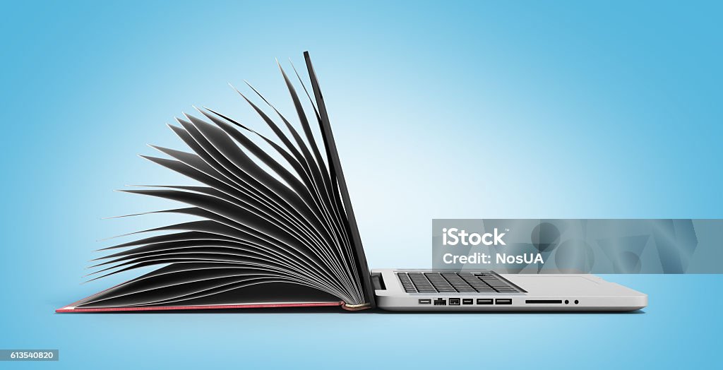 creative E-learning Concept Book and Laptop 3d render Digitally Generated Image Stock Photo