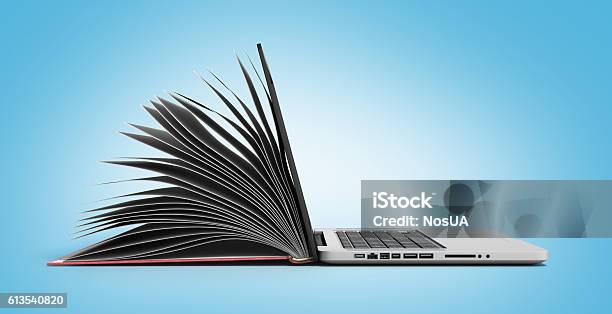 Creative Elearning Concept Book And Laptop 3d Render Stock Photo - Download Image Now