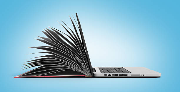 kreatywna książka koncepcyjna e-learningu i renderowanie laptopa 3d - report reading business book zdjęcia i obrazy z banku zdjęć