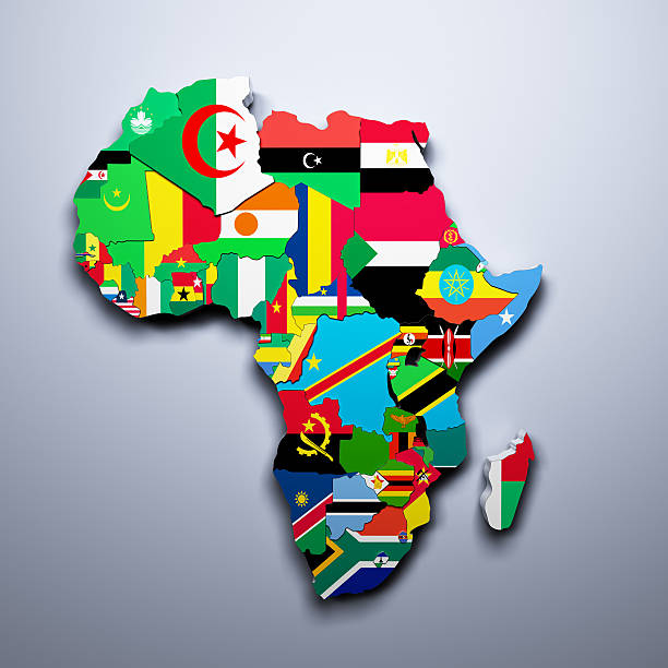AFRICA MAP WITH FLAGS OF THE COUNTRIES 3d render stock photo