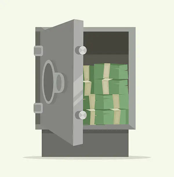 Vector illustration of Open safe full of money. Vector flat cartoon illustration