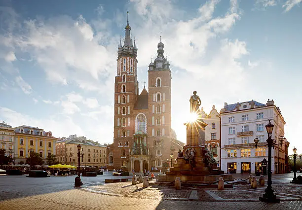 Panorama of old city center with Adam Mickiewicz monument and St. Mary's Basilica in Krakow