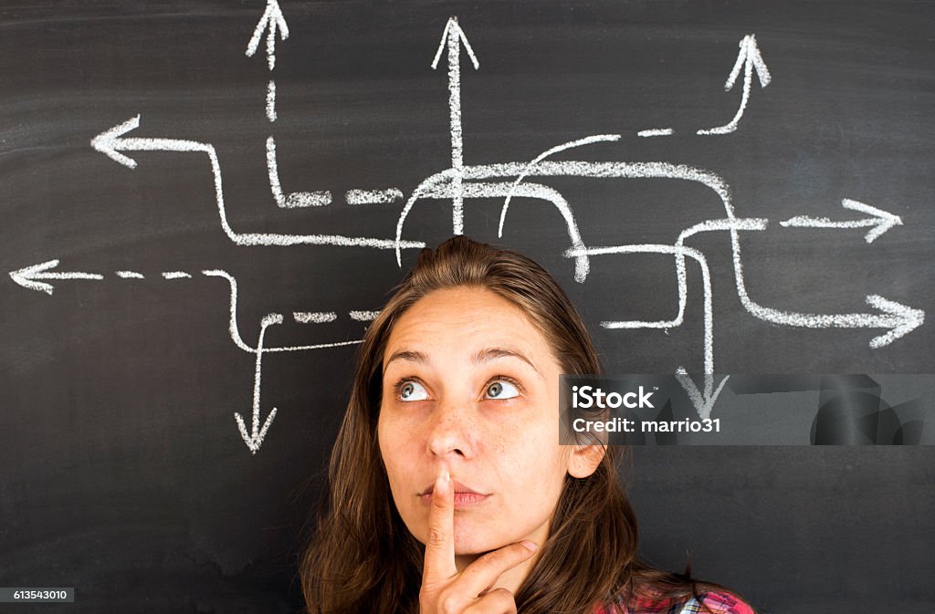 Concept of decision making Arrow sketch on blackboard and pretty young woman smiling to camera. Concept of decision making Occupation Stock Photo