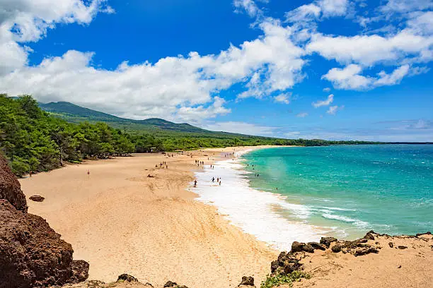 Sunbathers and swimmers on the big tropical beach at Makena State Park on Maui island in Hawaii, on a Saturday in August