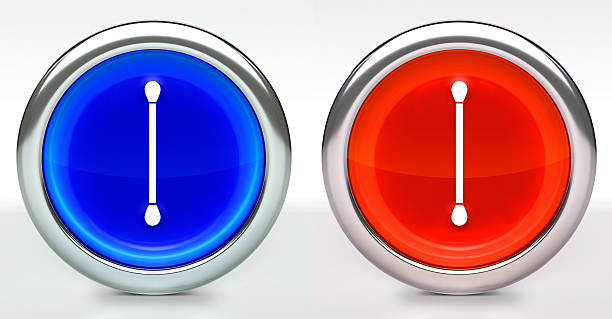 Cotton Swab Icon on Button with Metallic Rim. The icon comes in two versions blue and red and has a shiny metallic rim. The buttons have a slight shadow and are on a white background. The modern look of the buttons is very clean and will work perfectly for websites and mobile aps.
