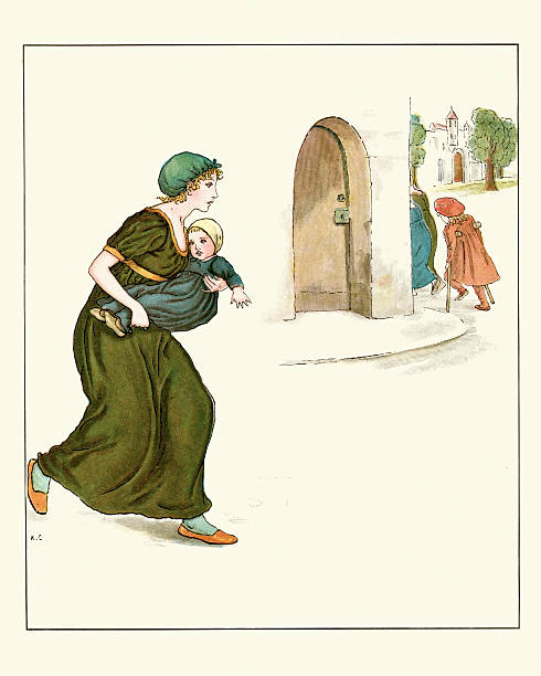 Vintage engraving of a scene from the Pied Piper of Hamelin, mother running after her children, as they rush to hear the music of the pied piper. Kate Greenaway