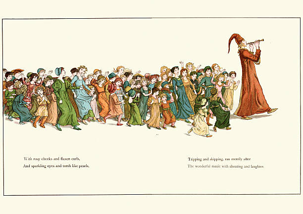 The Pied Piper leading the children away Vintage engraving of a scene from the Pied Piper of Hamelin, The Pied Piper leading the children away. Kate Greenaway pied stock illustrations