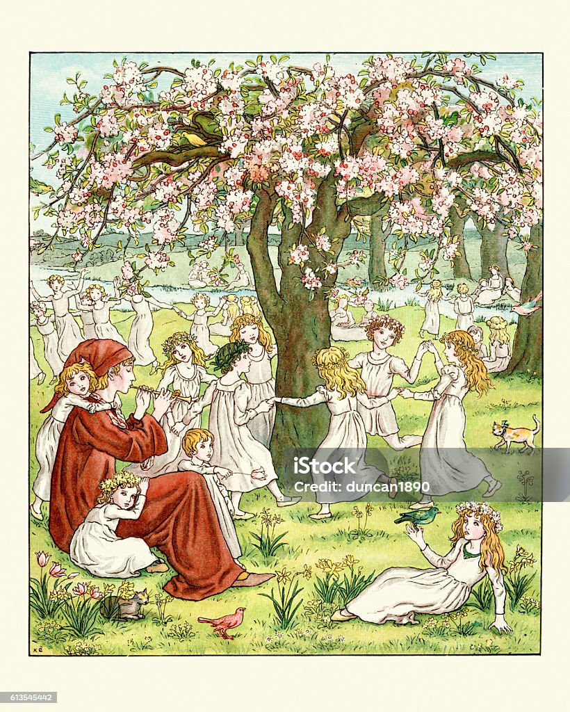 Children dancing to the music of the pied piper Vintage engraving of a scene from the Pied Piper of Hamelin, Children dancing to the music of the pied piper. Kate Greenaway Dancing stock illustration