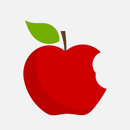 Red bitten apple with leaf. Vector illustration