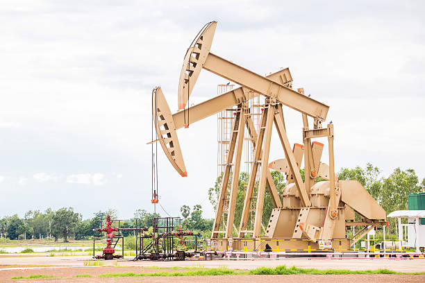 istock Oil pump moving.industry equipment with blue sky 613546632