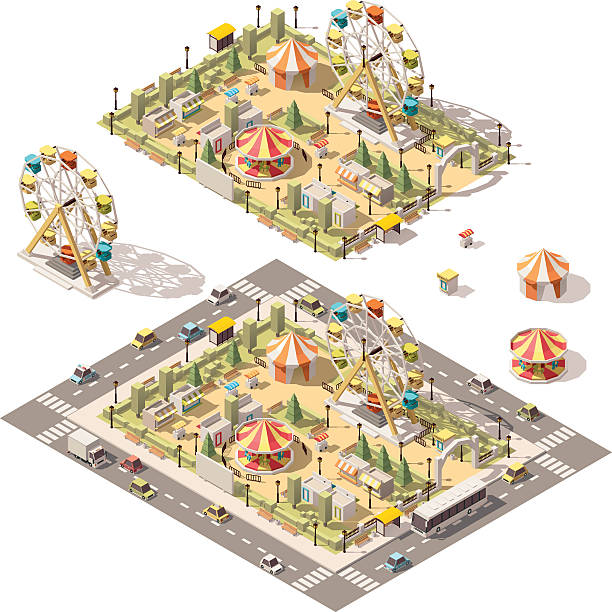 illustrazioni stock, clip art, cartoni animati e icone di tendenza di parco divertimenti vettoriale isometrico low poly - amusement park park fun playground