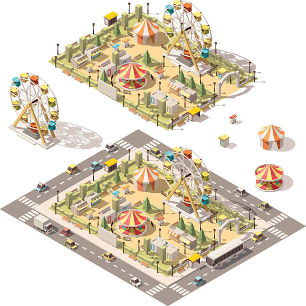 Vector isometric low poly amusement park Vector isometric low poly amusement park with attractions and stores entertainment tent illustrations stock illustrations