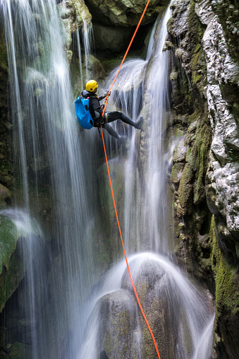 Canyoneering in the Pyrenees, Broto village, Huesca Province in Spain.