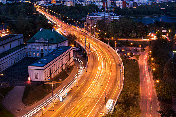 View of night traffic on route W-Z in Warsaw, Poland.