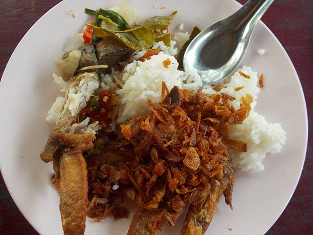 istock Fried pork, chicken together with chicken soup served with rice. 613551280