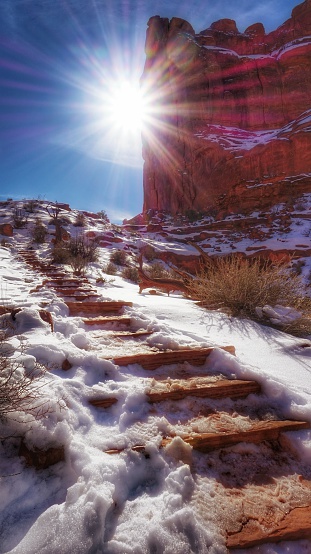 Courthouse Towers, Park Avenue Hike Trail, Sun Star, Arches National Park, Moab-Utah.