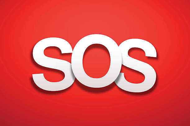 SOS Sign with Red Background - Paper Font SOS sign with Red Background. The letters of the text are white and have an paper effect, they are disordered and overlap between them. sos stock illustrations