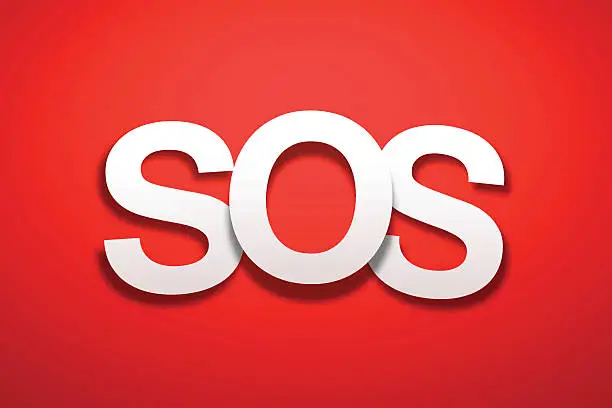 Vector illustration of SOS Sign with Red Background - Paper Font