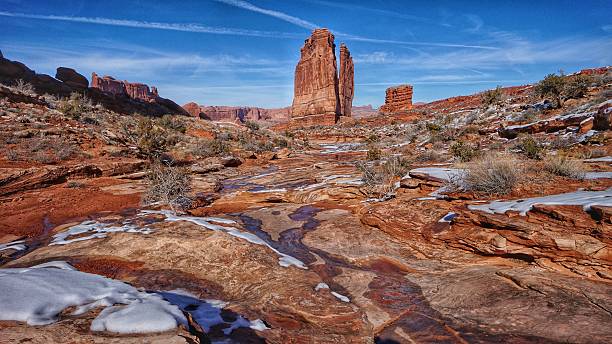 Monument Rock Formation, Melting Snow, Ice, Springtime, Arches National Park
