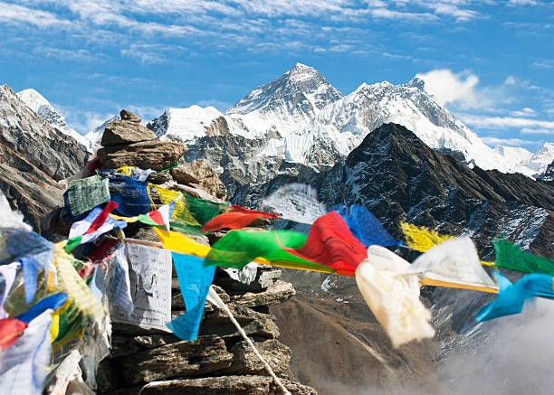 istock Mount Everest, Lhotse and Makalu with buddhist prayer flags 613554734